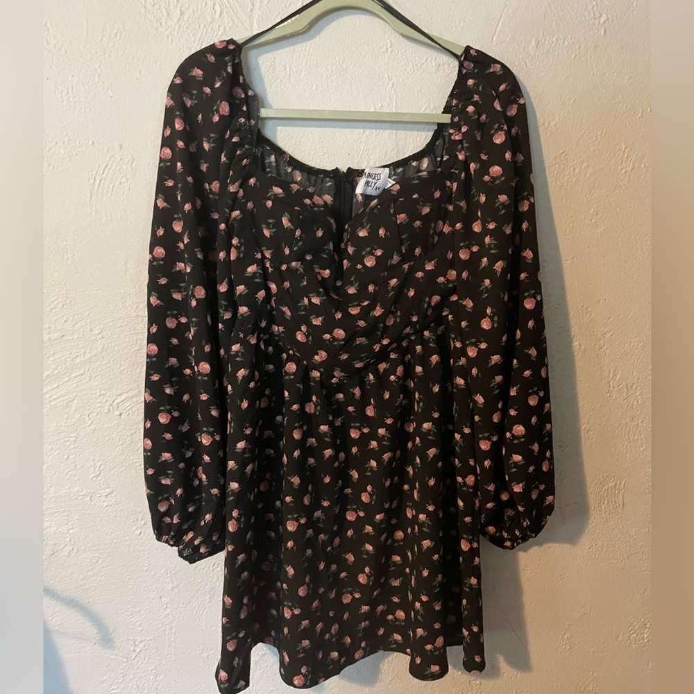 Princess Polly Black Floral Long-Sleeve Mini Dress with Pink Roses